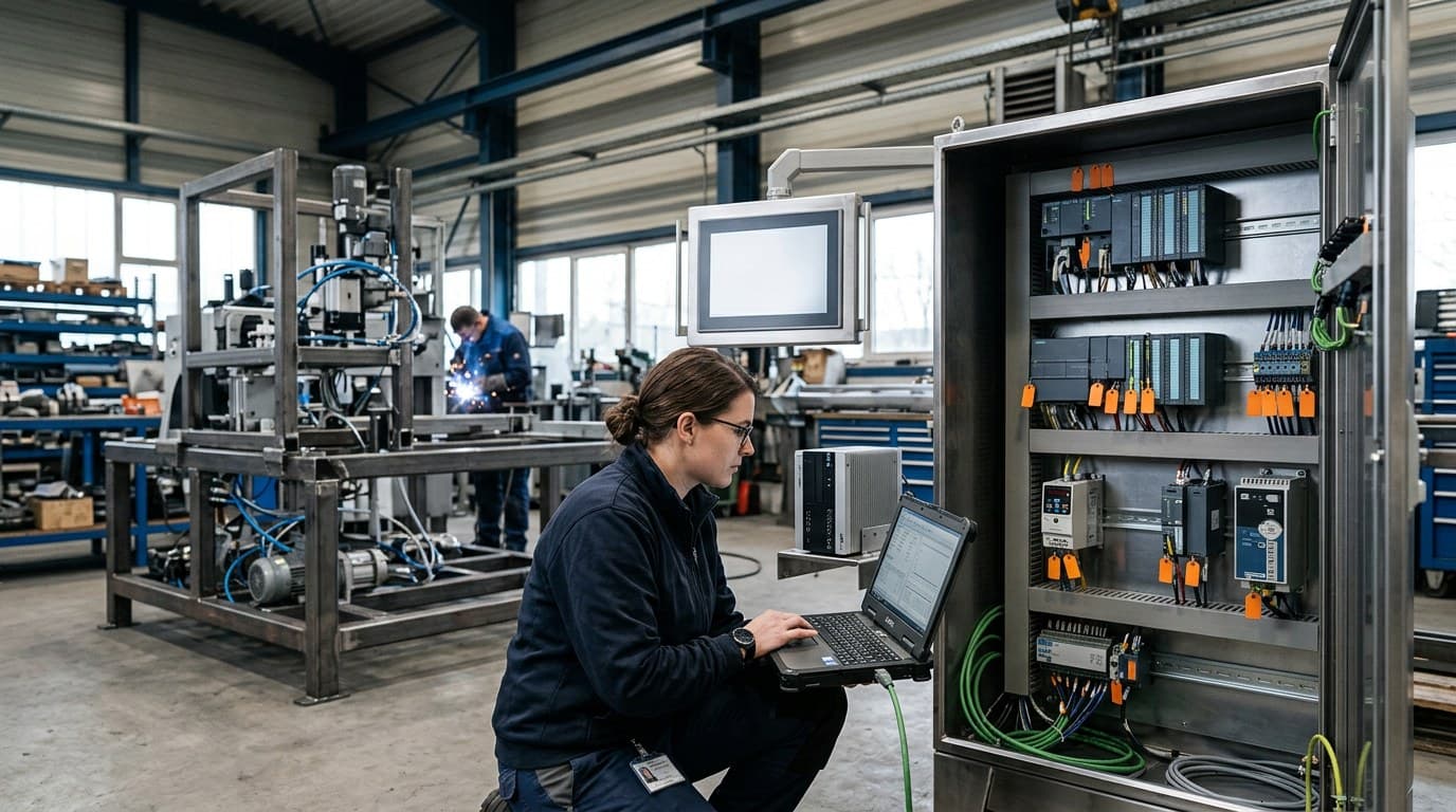 Eine Servicetechnikerin kniet mit einem robusten Laptop vor einem offenen Schaltschrank mit SPS, Antriebsreglern und Industrie-PC. Einzelne Baugruppen tragen orange Anhänger, im Hintergrund steht eine halb montierte Maschine