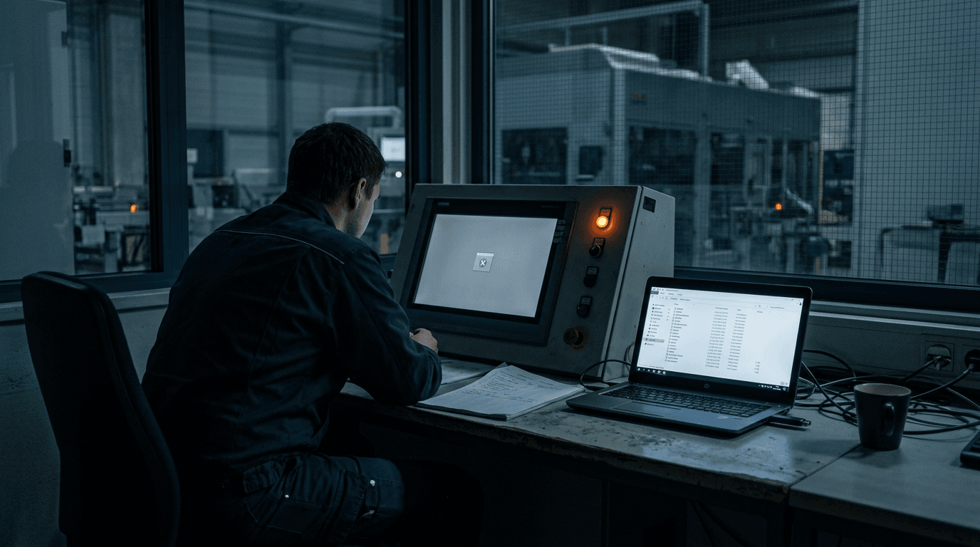 Ein Automatisierungstechniker sitzt nachts an einem Bedienpult neben der Produktionslinie, das Bedienpanel zeigt nur noch eine graue Fläche mit Fehlersymbol, auf dem Laptop daneben ist ein Dateiexplorer mit einer langen Liste von Ordnern geöffnet, auf dem Tisch liegen handschriftliche Notizen und eine Kaffeetasse, hinter der Scheibe steht die Anlage still