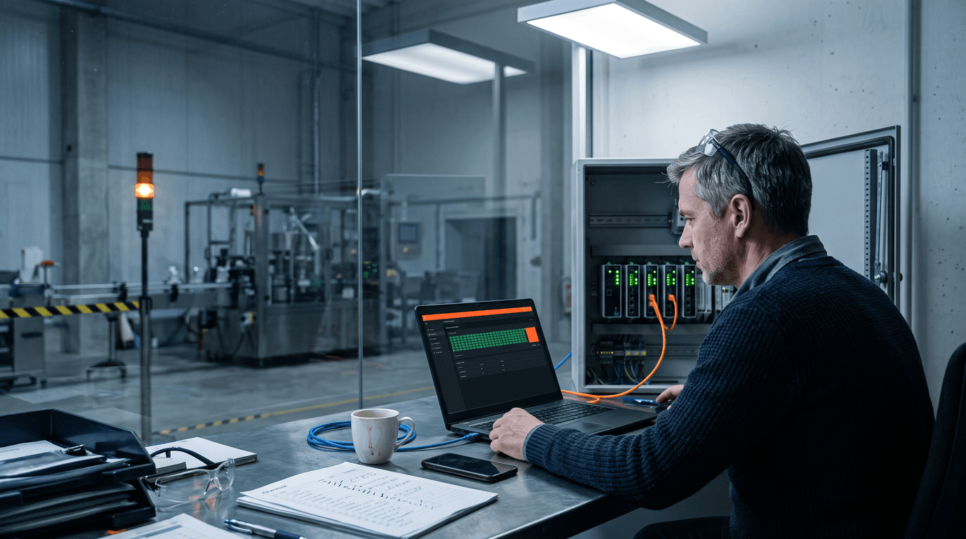Ein Automatisierungstechniker sitzt im Leitstand vor einem Laptop, auf dem eine lange Reihe grüner Statusfelder einen fast abgeschlossenen Rollout zeigt, im offenen Schaltschrank daneben leuchten die Status-LEDs mehrerer Edge-PCs mit orangen Netzwerkkabeln, hinter der Glaswand steht die Verpackungslinie still