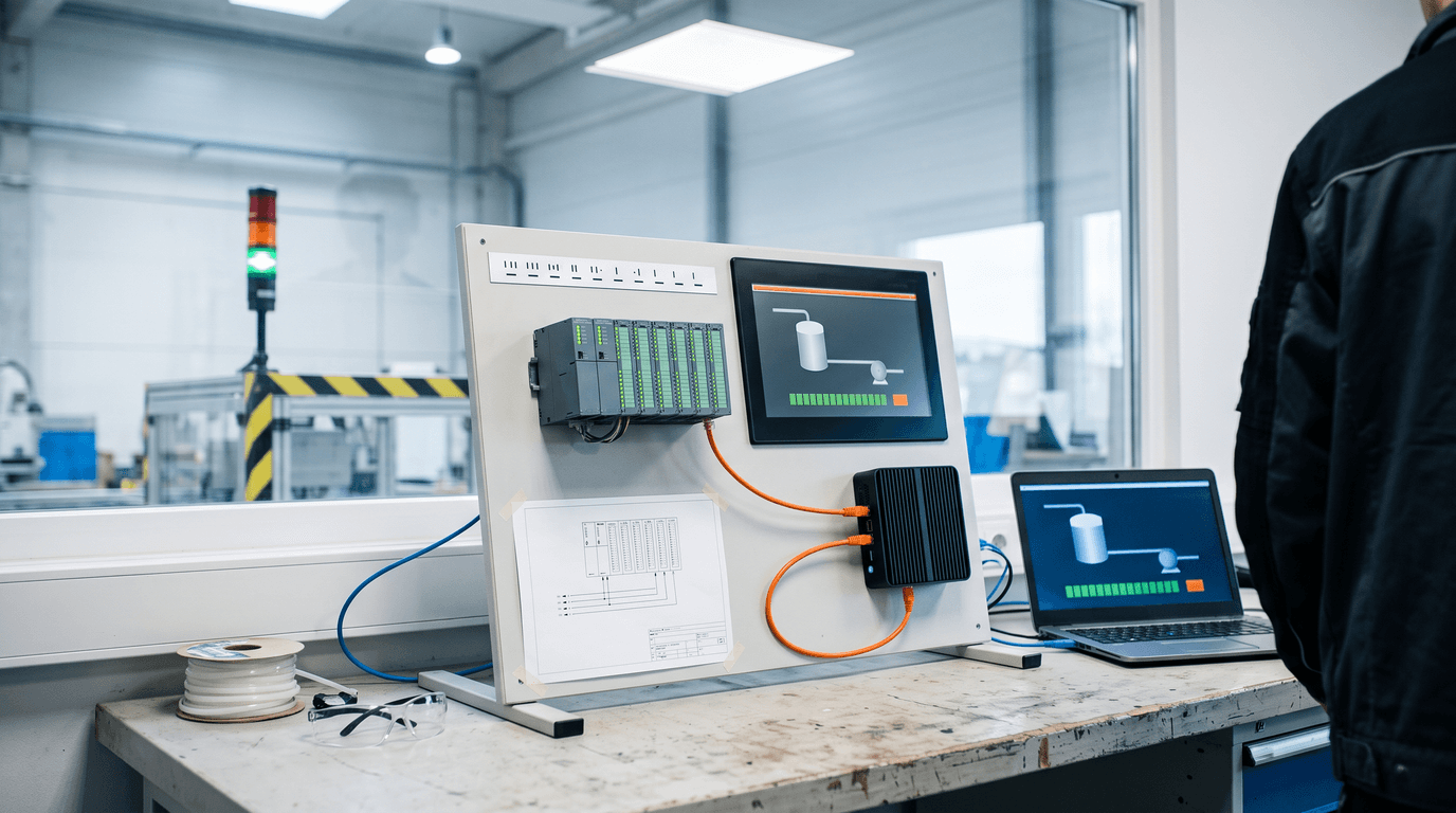 Auf einer Werkbank im Engineering-Büro steht ein kleiner Prüfaufbau aus Steuerung, Bedienpanel und Mini-PC, verbunden mit orangen Netzwerkkabeln, daneben zeigt ein Laptop dieselbe Prozessgrafik mit einer Reihe grüner Statusfelder, durch ein Fenster ist unscharf die Produktionshalle mit einer Signalsäule zu sehen