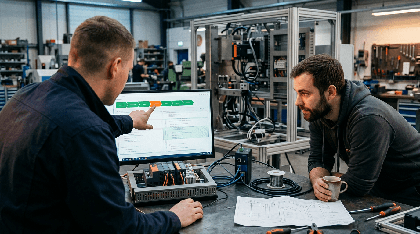 Zwei Automatisierungstechniker an der Werkbank vor einer Sondermaschine; einer zeigt auf die orange markierte Stufe der Pipeline über einem Code-Diff