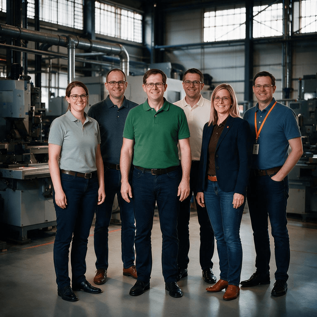Comquent-Team in einer Fertigungshalle vor Werkzeugmaschinen — Automatisierungstechnik und Softwareentwicklung in einem Projekt