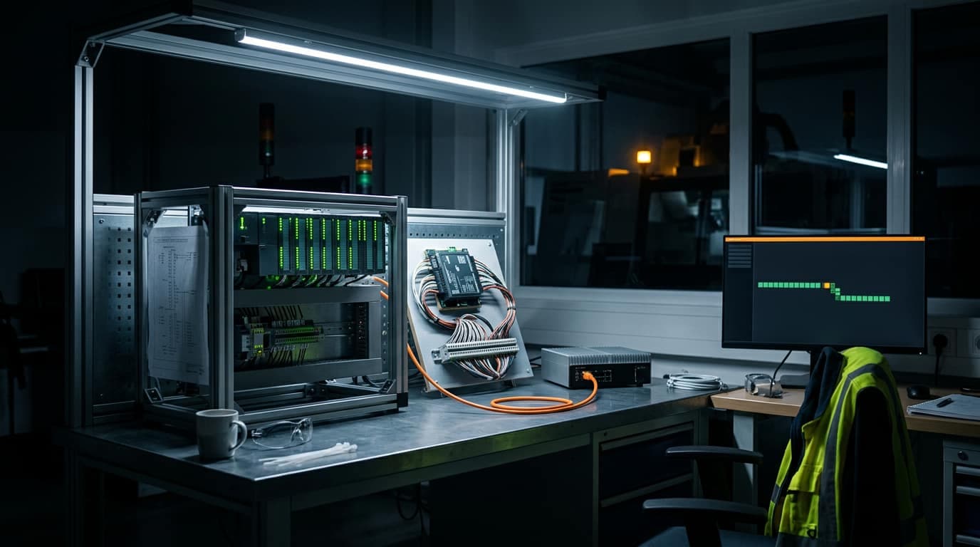 Hardware-in-the-Loop-Prüfstand bei Nacht: SPS-Baugruppen und ein Steuergerät auf einer Werkbank, daneben der Build-Agent, auf dem Monitor läuft die Pipeline ohne Aufsicht