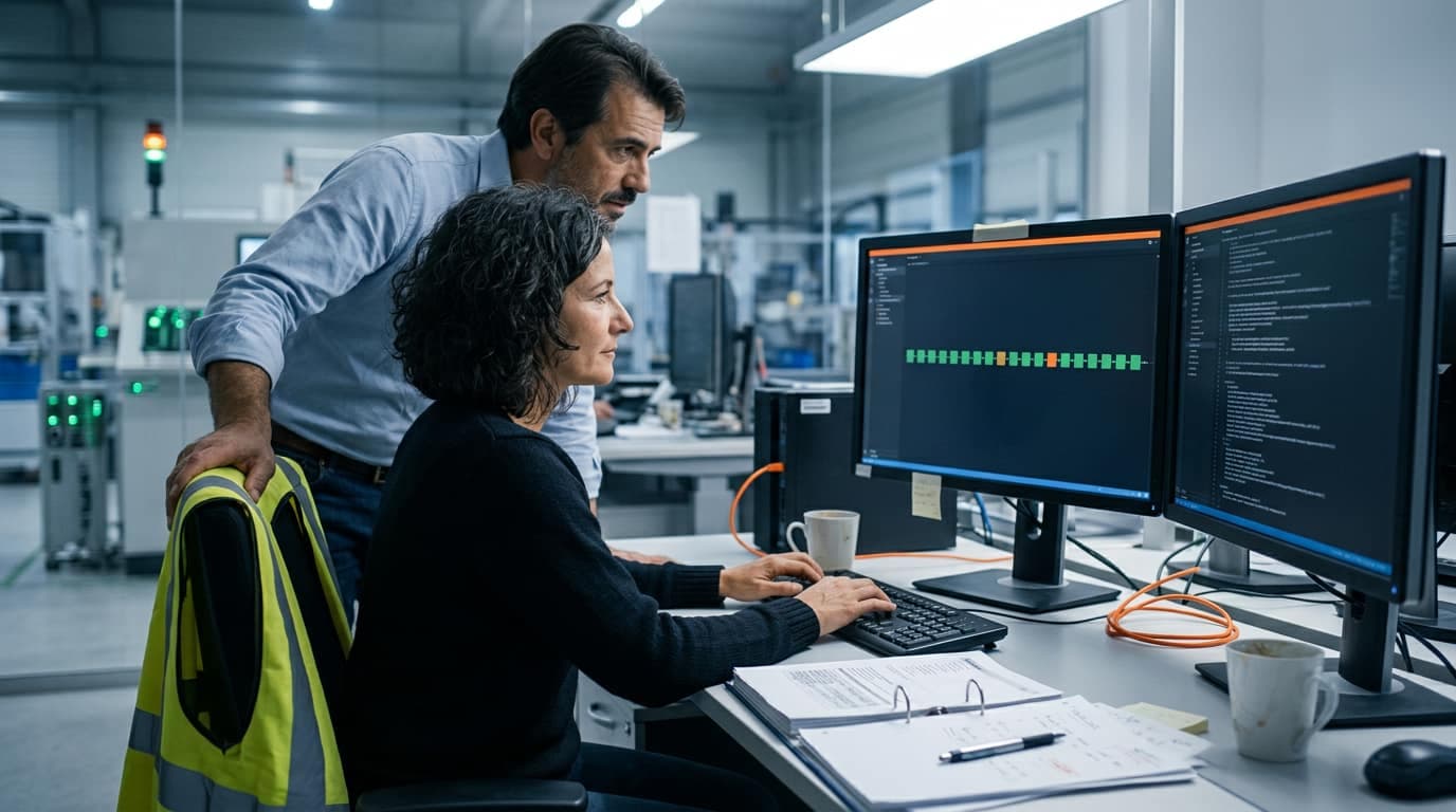 Eine Entwicklerin führt an ihrem Arbeitsplatz die neue CI/CD-Pipeline selbst aus, der Berater steht neben ihr und sieht zu, auf dem Tisch liegt das ausgedruckte Runbook