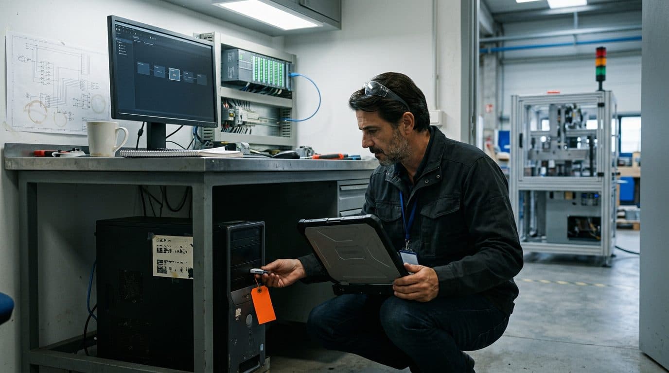 Automatisierungsingenieur hockt neben einem Windows-Rechner unter der Werkbank und steckt einen USB-Lizenzdongle mit orangem Anhänger ein; auf dem Monitor läuft eine Pipeline, durch die Tür sieht man die Montagehalle