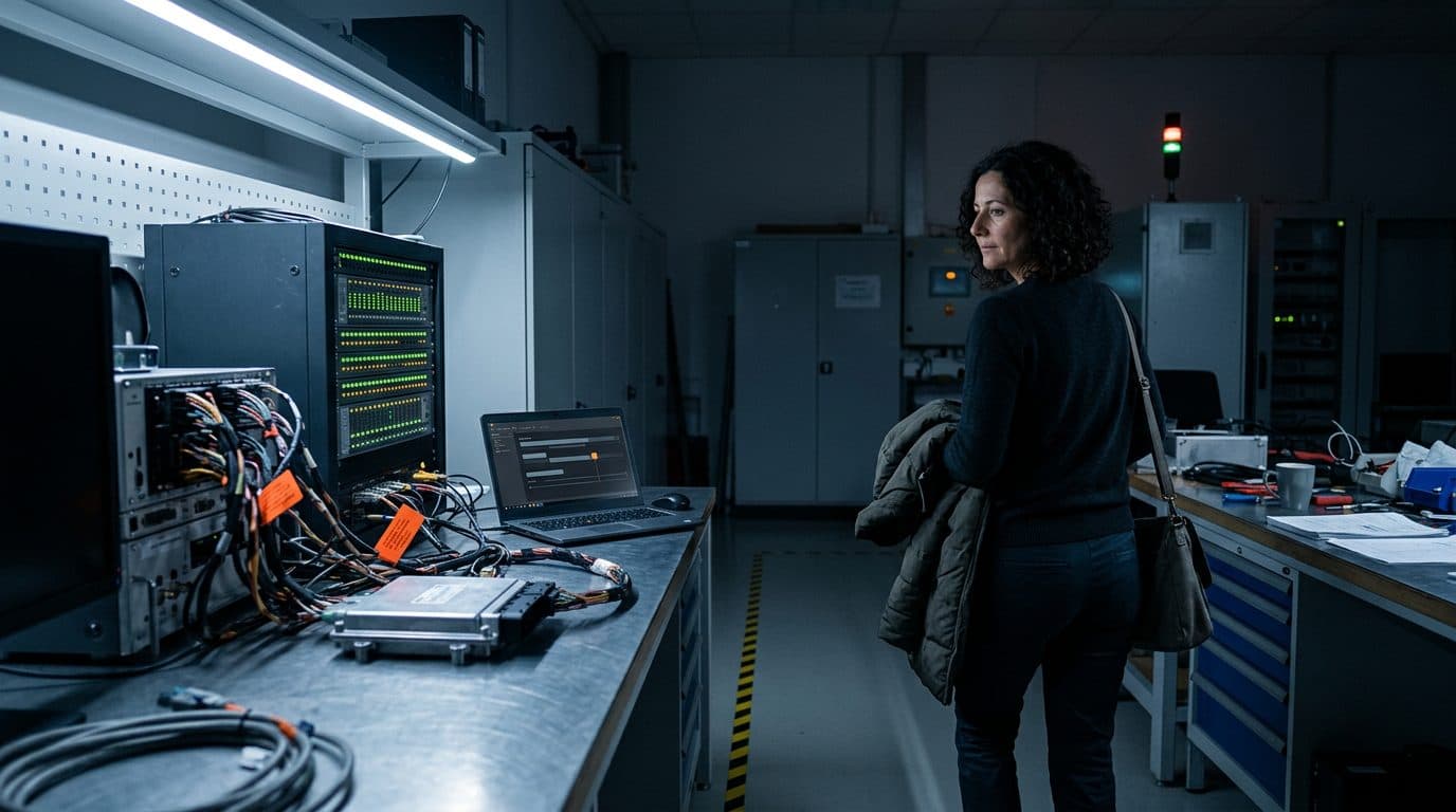 Nachts im HiL-Labor: ein Steuergerät auf dem Prüfstand, mit Kabelbäumen an einem Simulator-Rack angeschlossen; eine Testingenieurin mit Jacke über dem Arm blickt beim Gehen zurück auf den Laptop mit dem Pipeline-Lauf