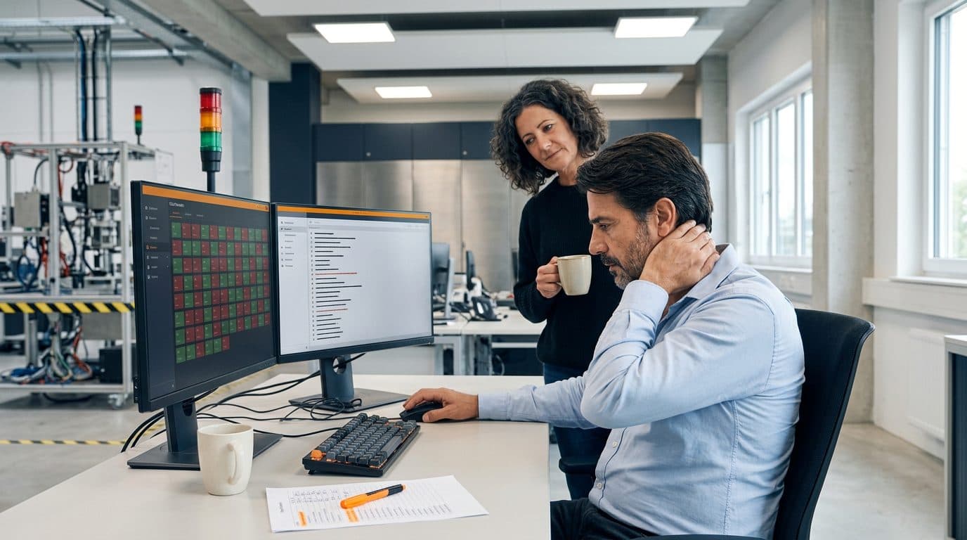 Build-Administrator an zwei Monitoren mit einem Raster aus Statusfeldern, etwa die Hälfte rot; eine Kollegin mit Kaffeebecher schaut ihm über die Schulter, auf dem Tisch eine Liste mit orange markierter Zeile