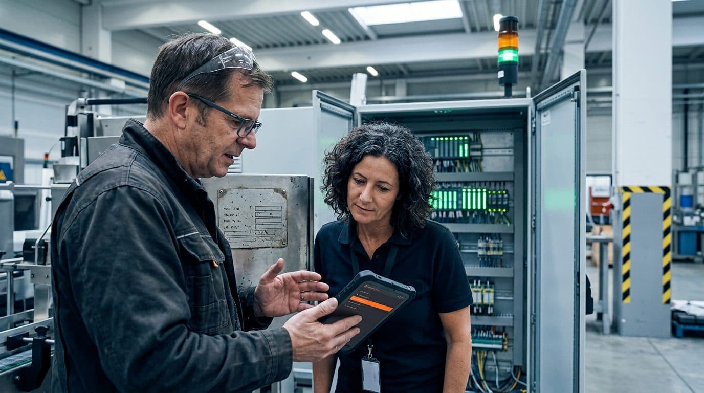 Servicetechniker zeigt einer Produktionsingenieurin auf einem robusten Tablet die Versionshistorie einer Maschine, daneben das Typenschild und der offene Schaltschrank mit grünen SPS-LEDs