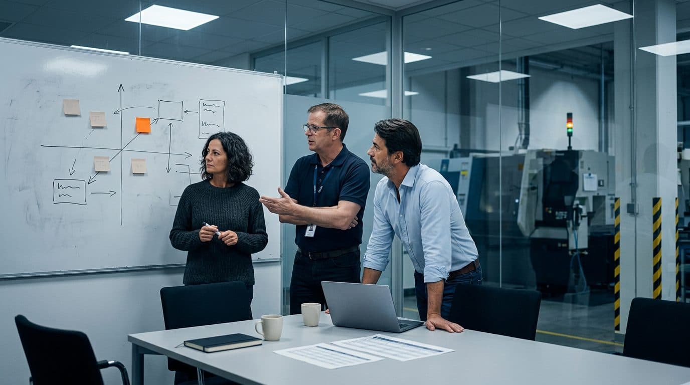 IT-Leiterin, Automatisierungsleiter und DevOps-Engineer an einem Whiteboard mit einem Achsenkreuz und Haftnotizen, eine davon orange; hinter der Glaswand die Fertigungshalle mit einer Signalsäule