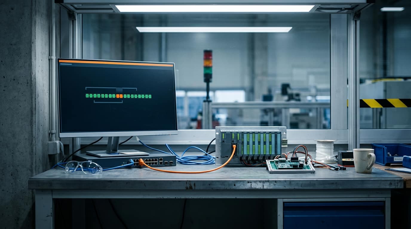 Monitor mit CI/CD-Pipeline, Netzwerk-Switch, SPS-Baugruppe und Embedded-Board auf einer Werkbank, durch die Scheibe dahinter die Maschinenhalle