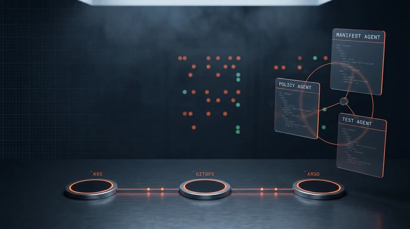 Industrial-Precision-Visualisierung: Kubernetes-, GitOps- und ArgoCD-Marker auf Stahlbühne, verbunden durch eine signal-orange Pipeline, mit drei schwebenden Claude Code Agents (Manifest, Policy, Test) im Hintergrund
