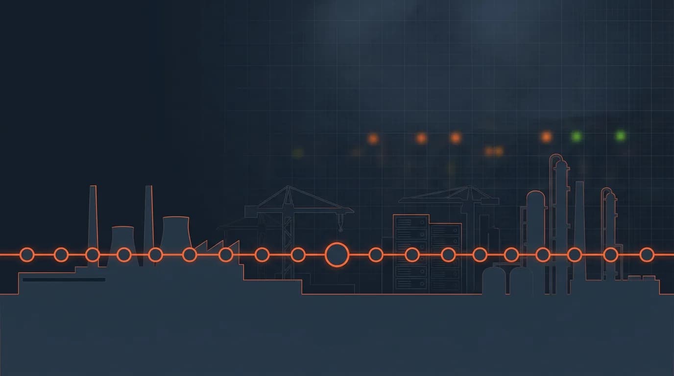 Industrielle Skyline-Silhouette mit horizontaler CI/CD-Pipeline und 24 signal-orange Stadt-Markern — Visualisierung der deutschlandweiten CI/CD-Beratung von Comquent