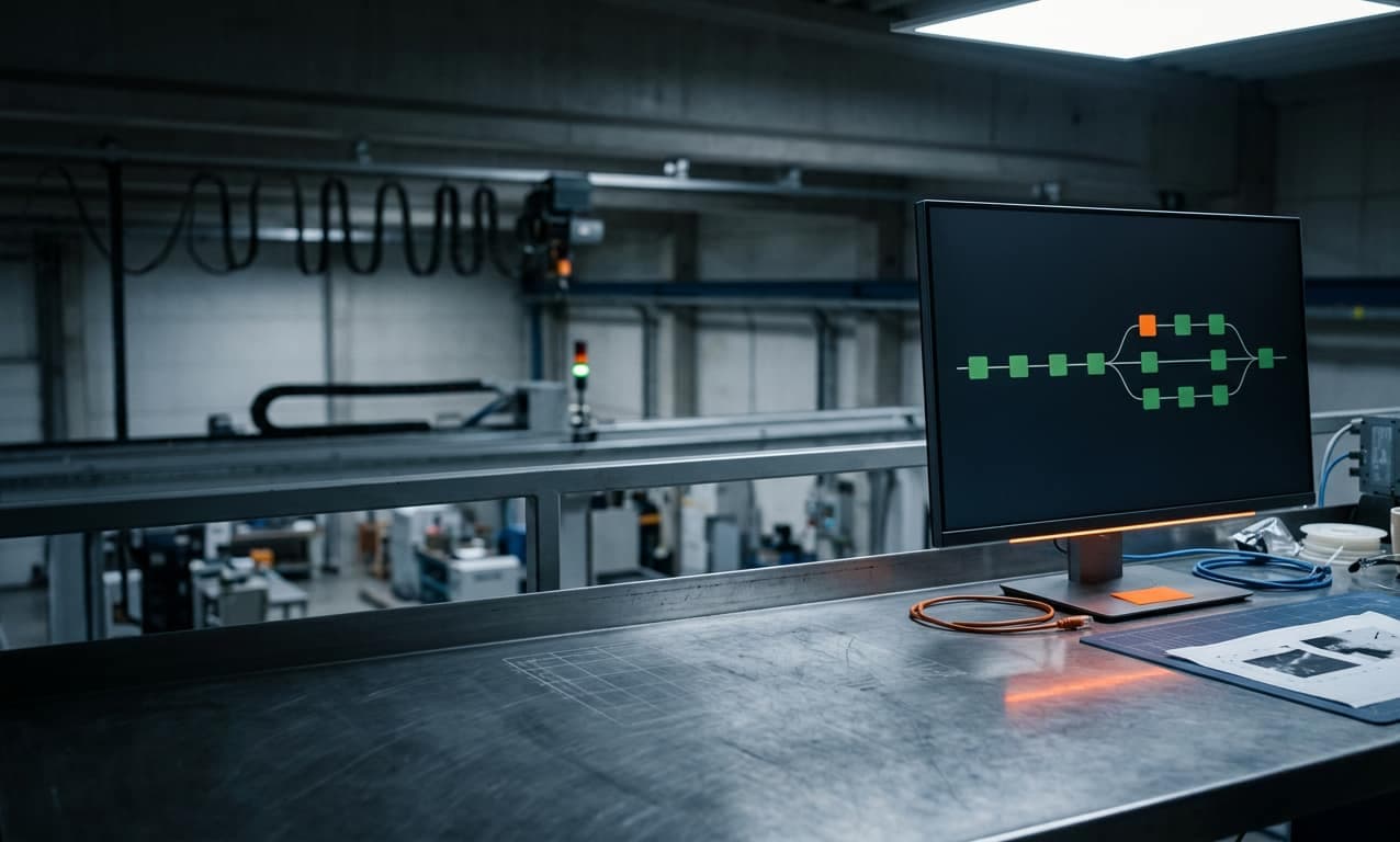 Monitor mit einer CI/CD-Pipeline auf einer Werkbank, dahinter der Blick in die Maschinenhalle