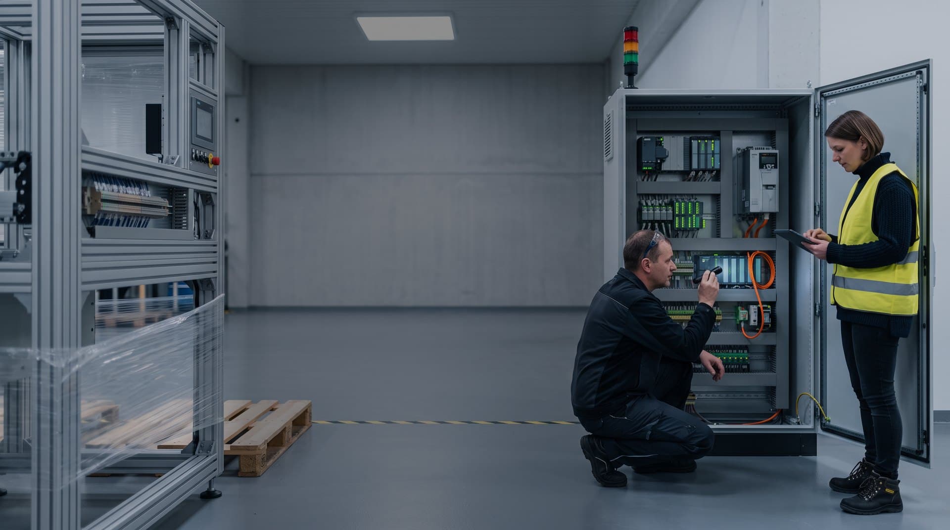 Links das in Schutzfolie gehüllte Gestell einer fast fertigen Maschine, rechts kniet ein Automatisierungstechniker mit Taschenlampe vor dem offenen Schaltschrank, eine Kollegin in gelber Warnweste erfasst die Module auf dem Tablet