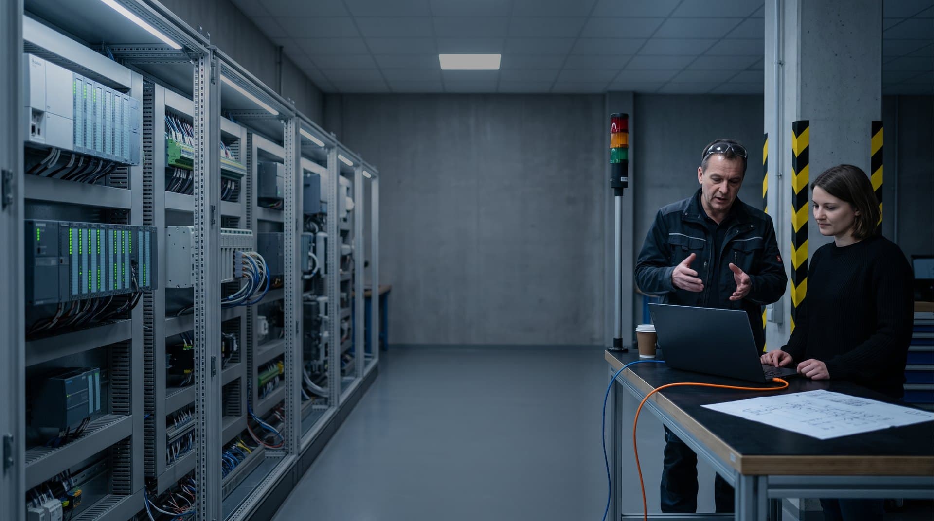 Eine Reihe offener Testgestelle mit Steuerungen verschiedener Bauformen im Prüflabor, rechts erklärt ein Automatisierungstechniker einer Softwareentwicklerin an der Werkbank ein Ergebnis auf dem Laptop