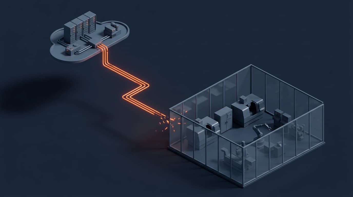 Isometrische Darstellung: Von einer Cloud-Plattform mit Server-Racks führt eine orange leuchtende Pipeline-Leitung zu einer Fertigungshalle hinter Glaswänden und endet in Funken an der Wand; drinnen stehen CNC-Maschinen, Schaltschränke und ein Roboterarm