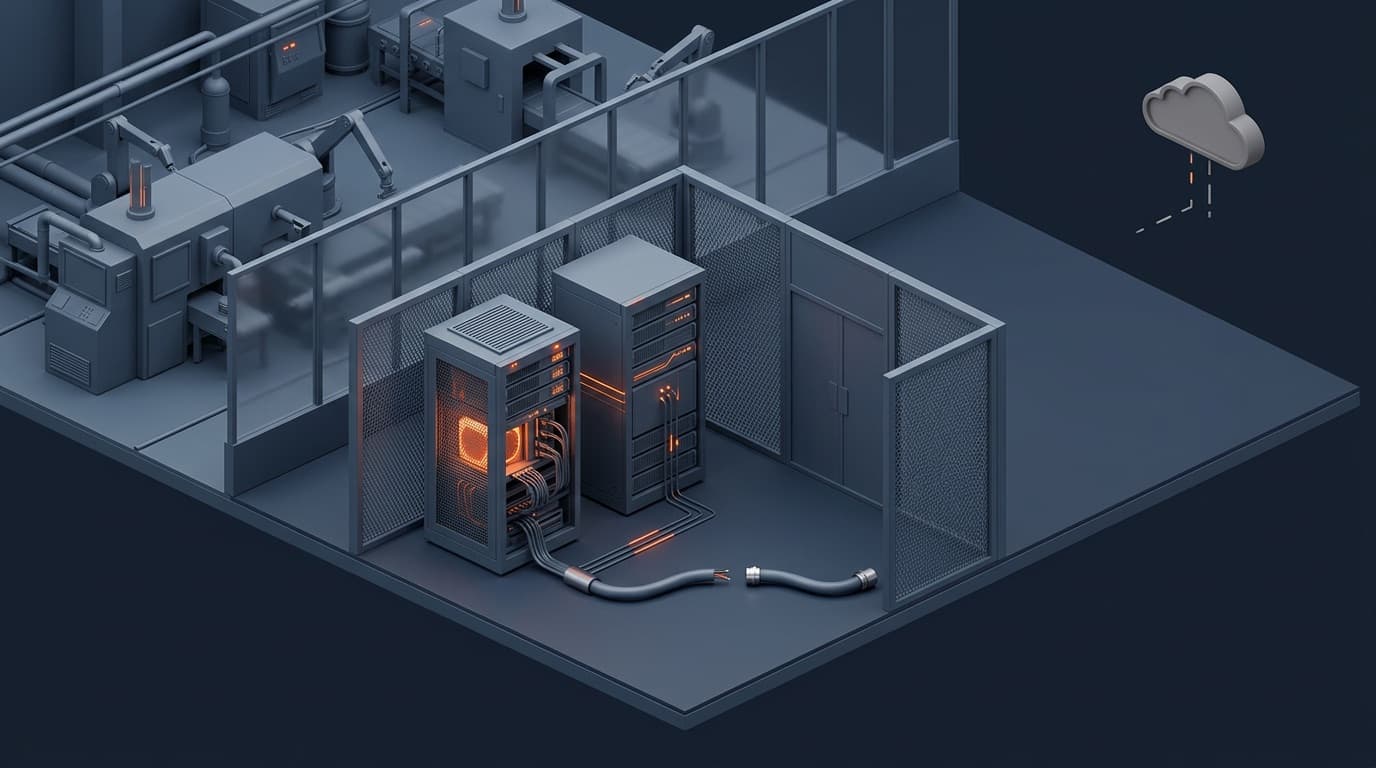 Isometrischer, vergitterter Serverraum in einer Fabrikhalle mit einem GPU-Server mit orange leuchtendem Kern und einem zweiten Rack; ein Netzwerkkabel nach außen ist durchtrennt, in der Ecke eine graue, abgekoppelte Wolke