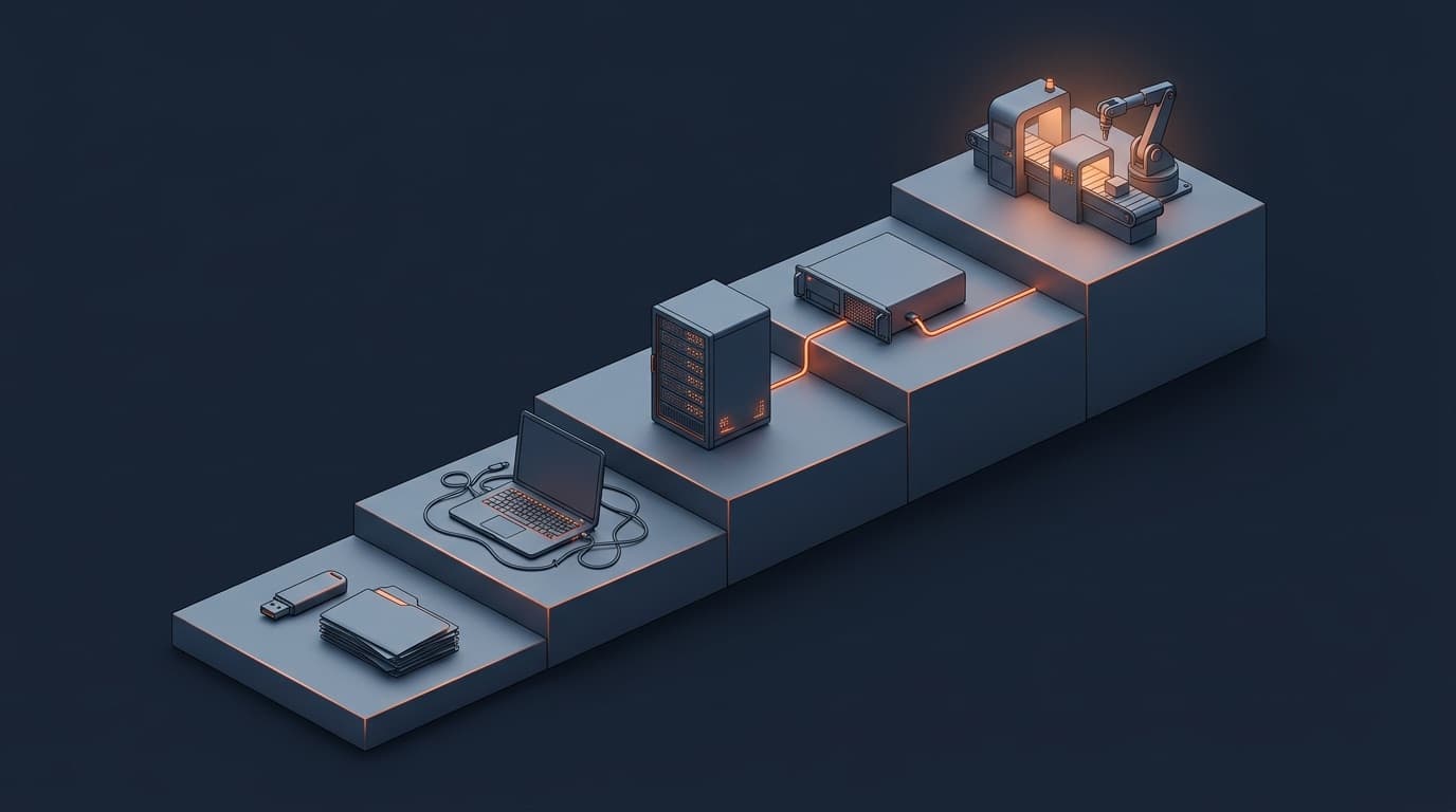 Isometrische Treppe mit fünf Stufen: unten USB-Stick und Ordner, dann ein Laptop mit Kabeln, ein Server-Rack, ein Server mit orange Leitung und oben eine automatisierte Fertigungszelle mit Roboterarm