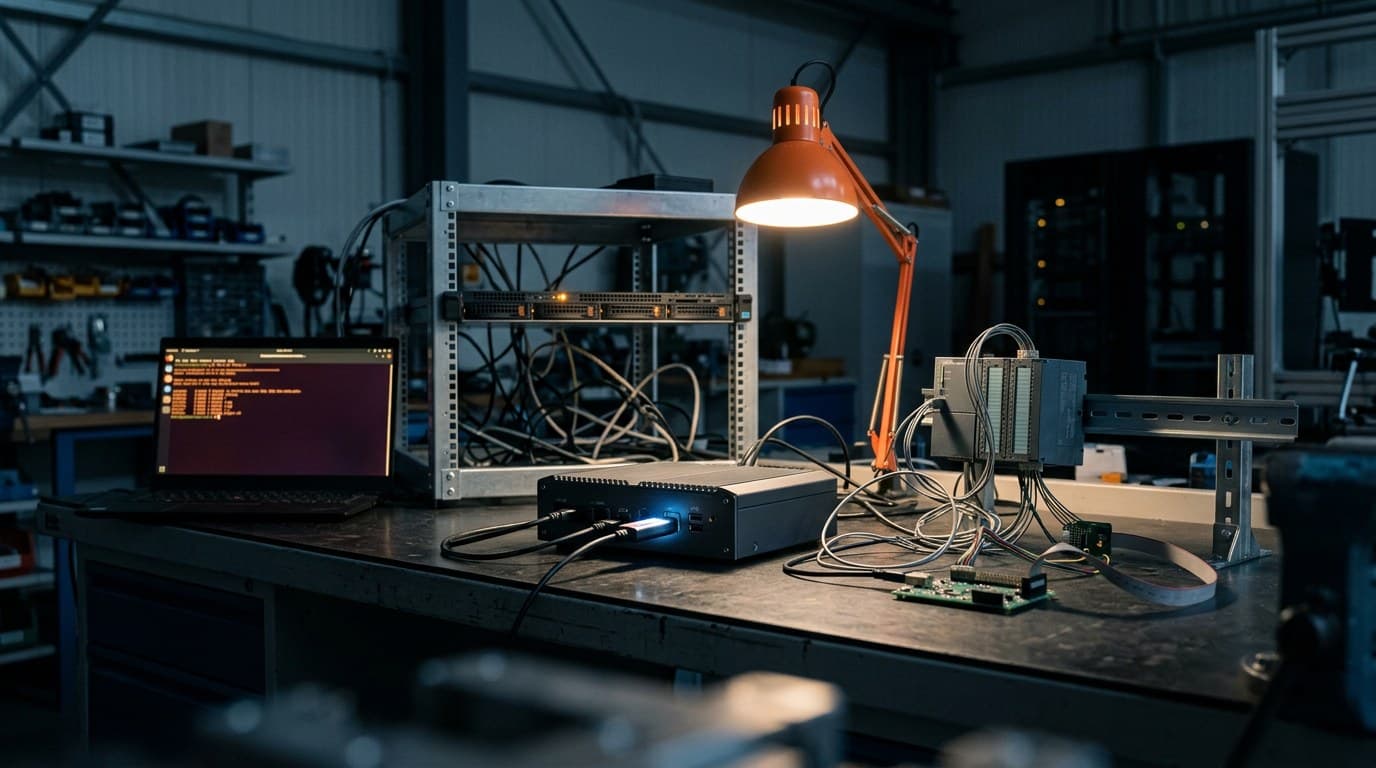 Industrie-PC als Jenkins-Build-Agent auf einer Werkbank im Prüflabor, mit USB-Lizenz-Dongle, Kabeln zu einer Steuerung auf der Hutschiene und einer Platine, dahinter ein offenes Rack mit Server