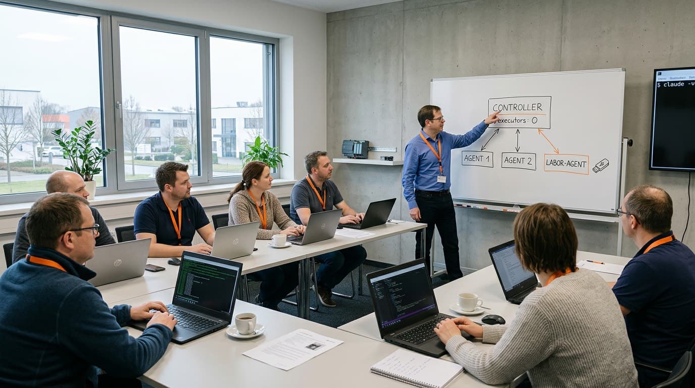 Workshop-Raum mit sieben Teilnehmern an Laptops, vorne ein Trainer am Whiteboard mit einer Skizze aus einem Controller ohne Executors und drei Build-Agents, einer davon ein Labor-Agent mit Lizenz-Dongle