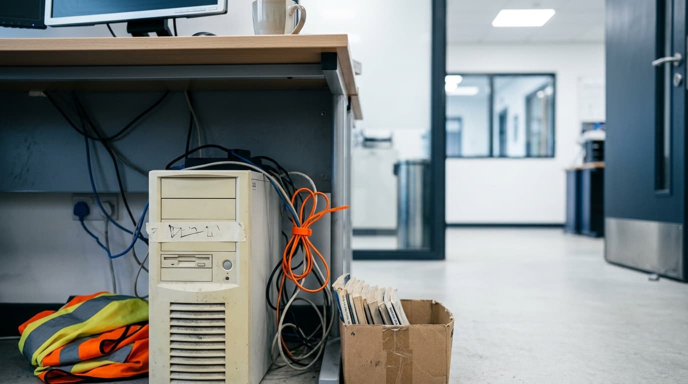 Alter Tower-PC unter einem Schreibtisch mit Klebeband-Etikett und Kabelgewirr, ein oranges Kabel gebündelt, daneben eine Warnweste und ein Karton mit alten Handbüchern