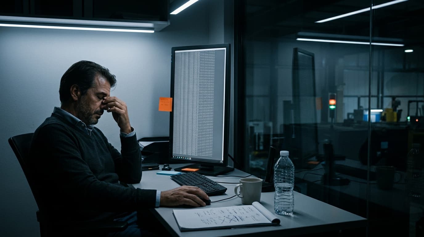 Build-Engineer am Abend mit geschlossenen Augen vor einem hochkant gestellten Monitor voller Log-Zeilen, daneben ein Notizblock mit durchgestrichenen Punkten