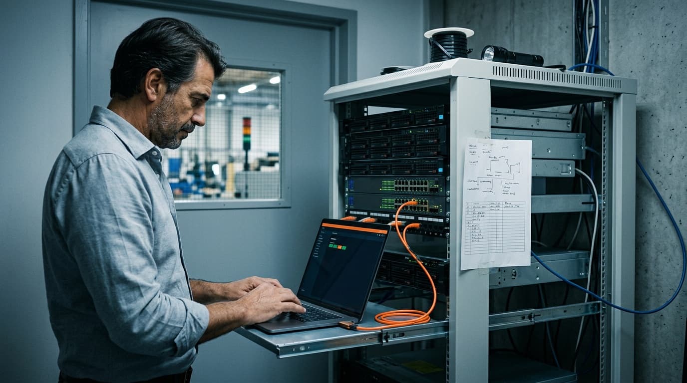 CI-Administrator richtet am Laptop auf einem Rack-Auszug den Build-Server ein, orange Patchkabel führen in den Switch, durch das Türfenster ist die Fertigungshalle zu sehen
