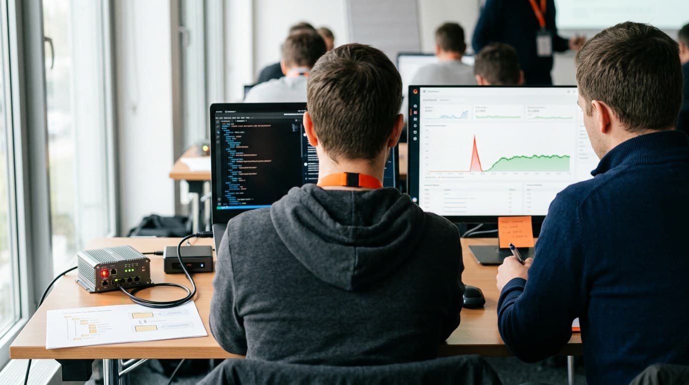 Zwei Workshop-Teilnehmer von hinten an Laptop und Monitor mit Terminal und Monitoring-Dashboard, auf dem Tisch eine Industriesteuerung mit roter Status-LED, per Netzwerkkabel mit einem Mini-PC verbunden