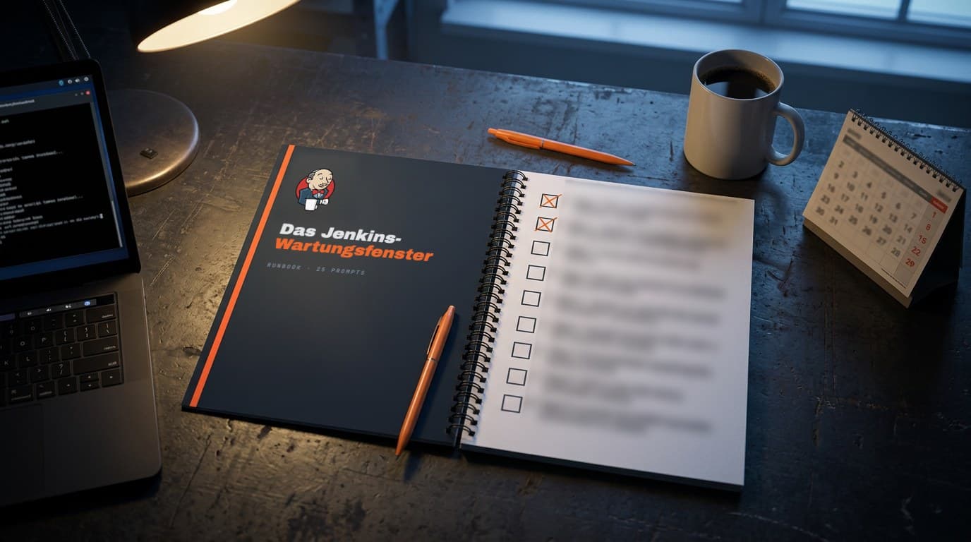 Aufgeschlagenes Runbook „Das Jenkins-Wartungsfenster“ mit Jenkins-Logo auf dem Umschlag und einer Checkliste mit acht Stationen, zwei davon abgehakt, daneben Laptop, Kaffeetasse und Tischkalender