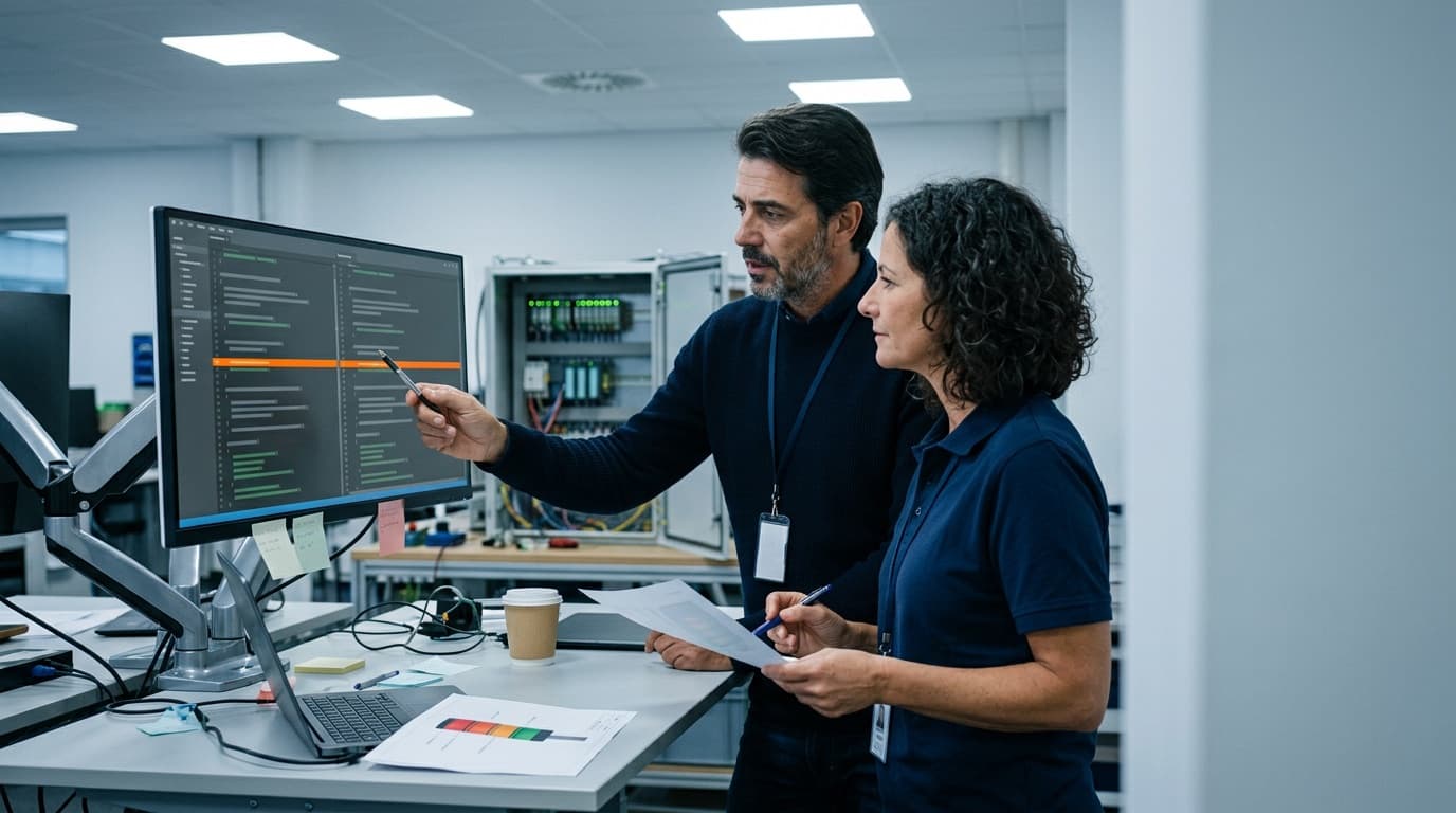 Softwareentwickler und Automatisierungsingenieurin prüfen am Bildschirm einen Änderungsvergleich, eine Zeile ist orange markiert, dahinter ein offener Schaltschrank