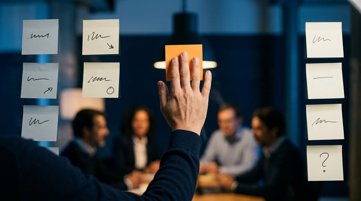 Eine Hand klebt einen orangen Zettel an eine Glaswand mit Notizzetteln, dahinter sitzt unscharf ein Team am Tisch
