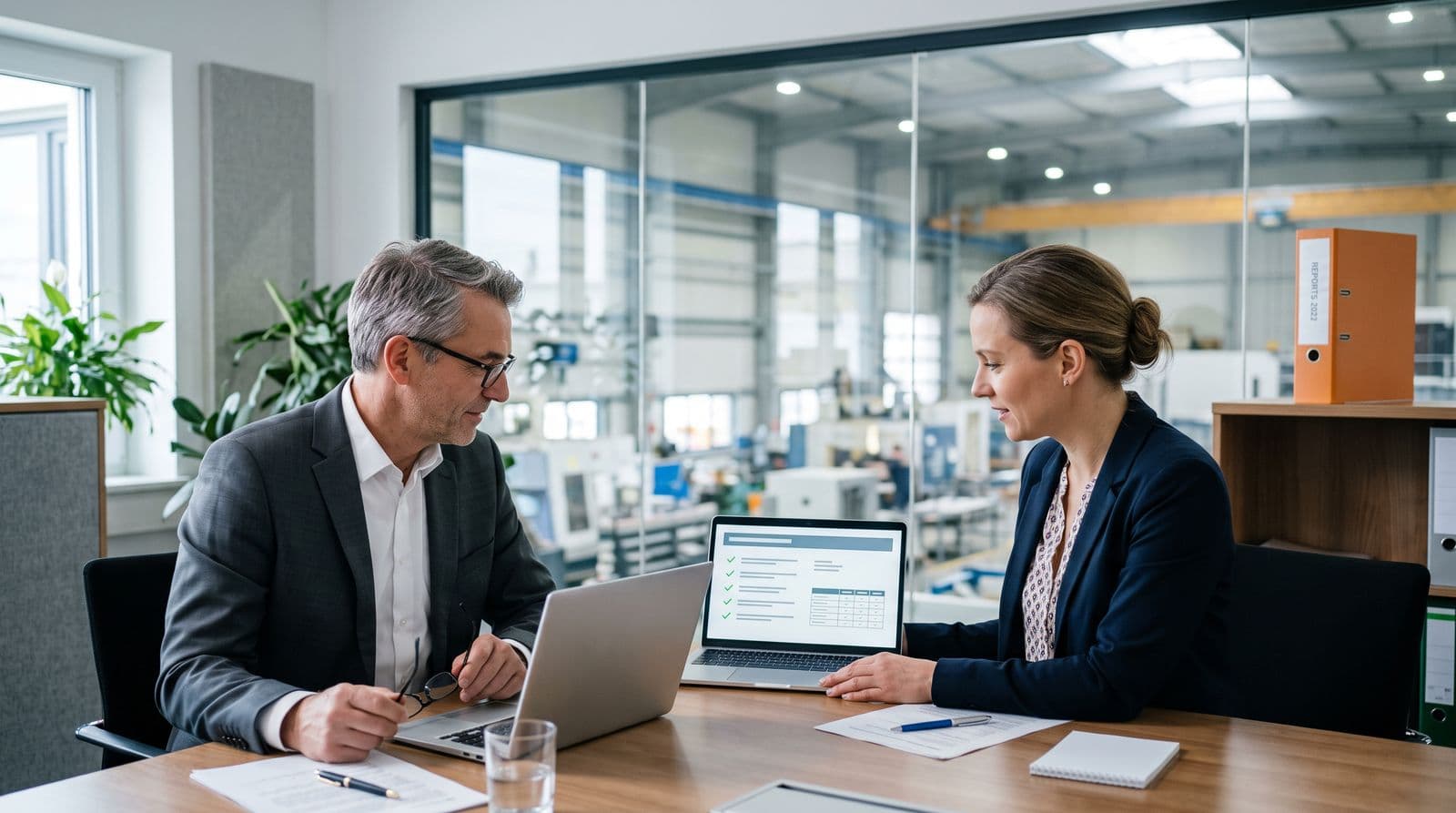 Eine Compliance-Managerin dreht ihren Laptop zu einem externen Auditor mit Brille. Auf dem Bildschirm steht ein Bericht mit grünen Häkchen. Im Regal dahinter liegt ein geschlossener orangefarbener Ordner, hinter der Glaswand die Fertigung.