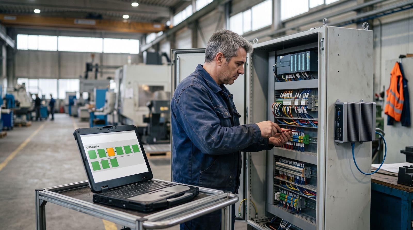 Ein Automatisierungstechniker arbeitet an einem offenen Schaltschrank mit SPS-Modulen. Daneben steht ein robuster Laptop auf einem Rollwagen und zeigt eine Pipeline aus grünen Stufen und einer orangefarbenen. Am Schrank hängt ein lüfterloser Industrie-PC mit einem einzelnen Netzwerkkabel.