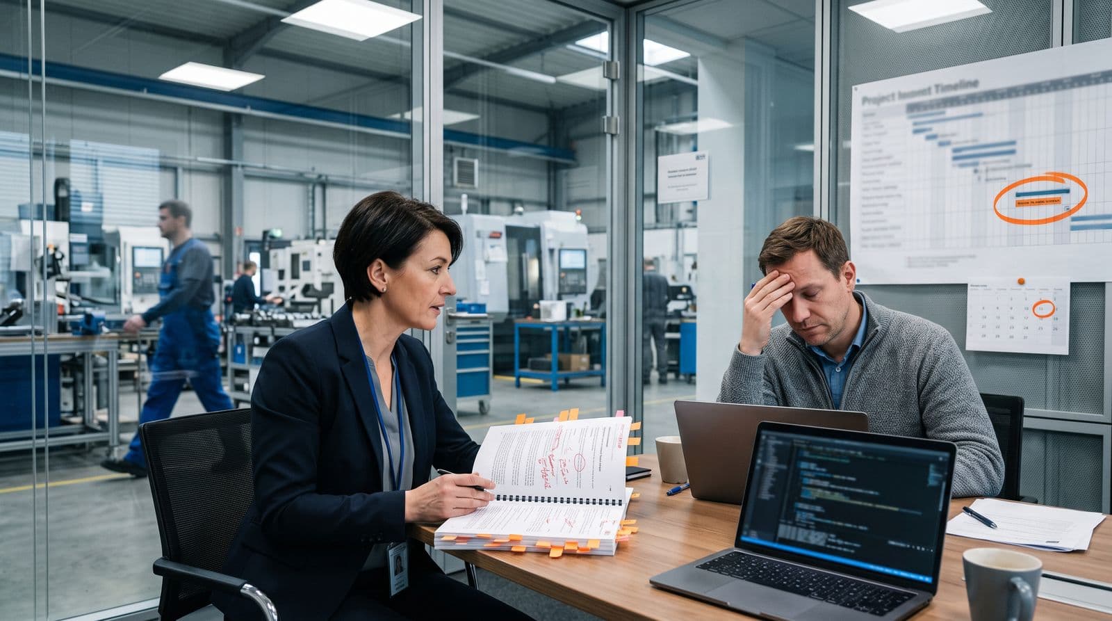 Eine Security-Leiterin hält einen dicken Pentest-Bericht mit orangefarbenen Markierungen, ihr gegenüber stützt ein Entwicklungsleiter den Kopf in die Hand. An der Wand hängt ein Projektplan mit eingekreistem Release-Termin, hinter der Glaswand liegt die Fertigung.