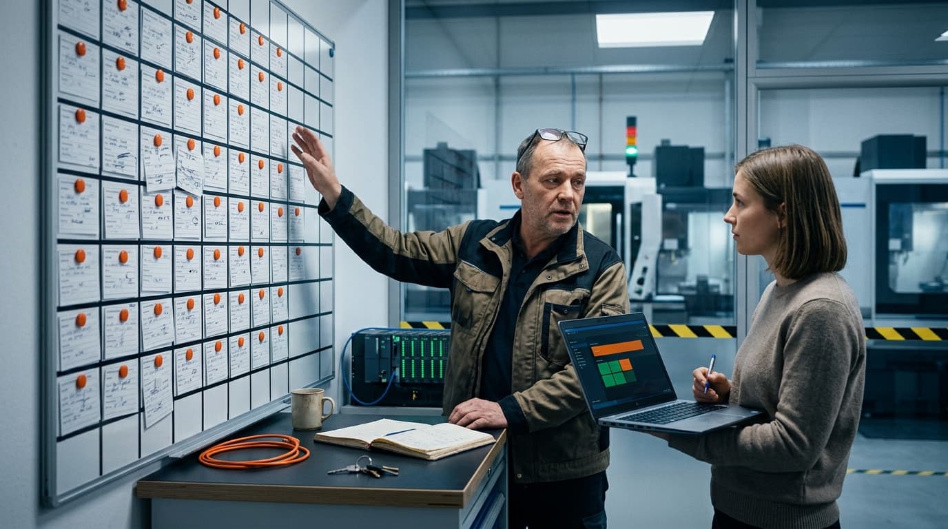 Ein Instandhaltungsleiter zeigt auf eine Magnettafel mit handbeschrifteten Maschinenkarten und erklärt einer Automatisierungsingenieurin mit Laptop aus dem Gedächtnis, welcher Softwarestand auf welcher Maschine läuft. Hinter der Glaswand stehen Bearbeitungszentren.