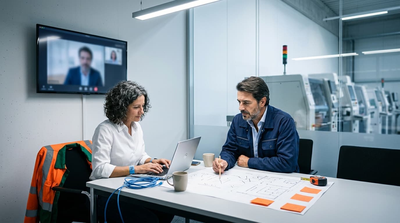 Eine IT-Leiterin am Laptop und ein Automatisierungsingenieur in Arbeitsjacke sitzen an einem Besprechungstisch über einem ausgedruckten Anlagenlayout mit drei orangefarbenen Haftnotizen. An der Wand läuft eine Videokonferenz, hinter der Glaswand steht die Fertigung.