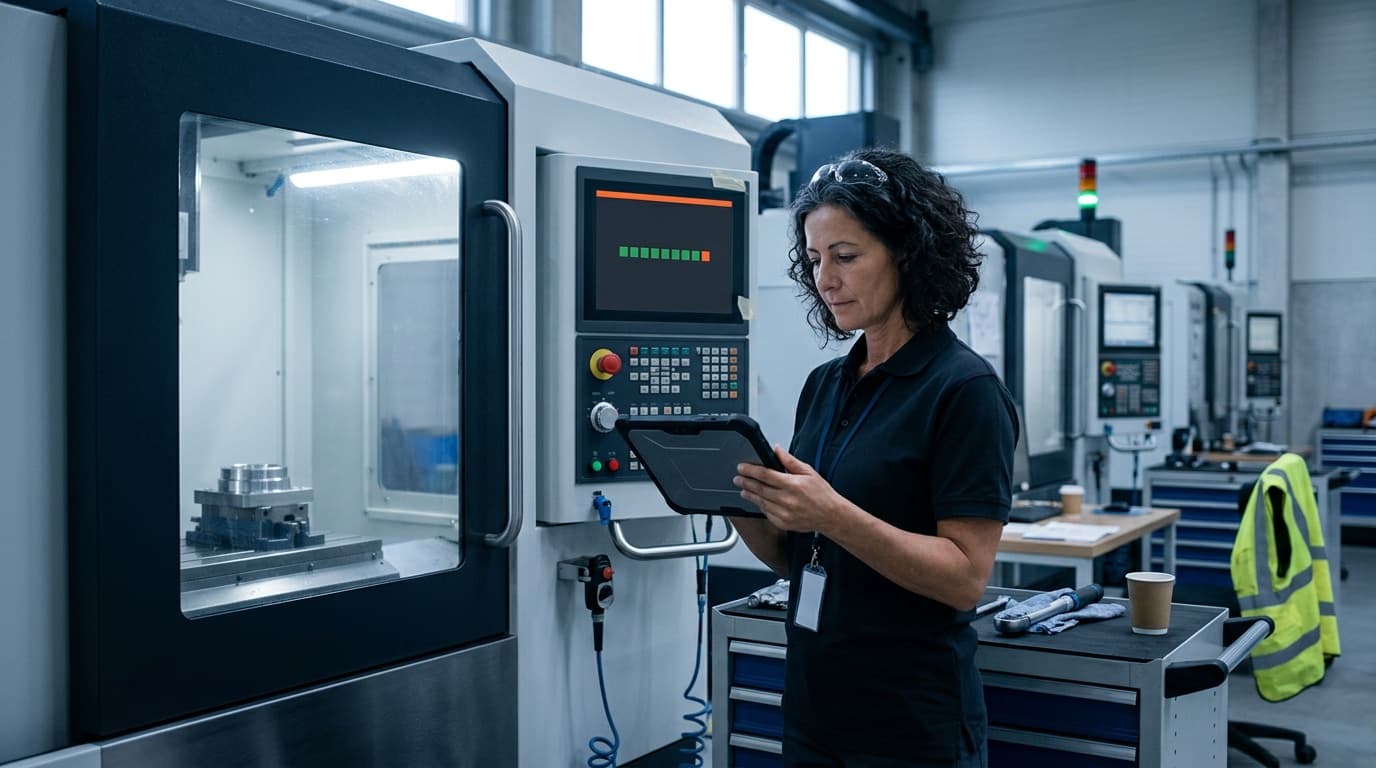 Eine Instandhalterin steht bei Tageslicht am Bedienpult eines Bearbeitungszentrums und liest den Softwarestand von einem Tablet ab. Das Bedienpult zeigt eine Reihe grüner Pipeline-Stufen, im Hintergrund weitere Maschinen und eine grüne Signalsäule.