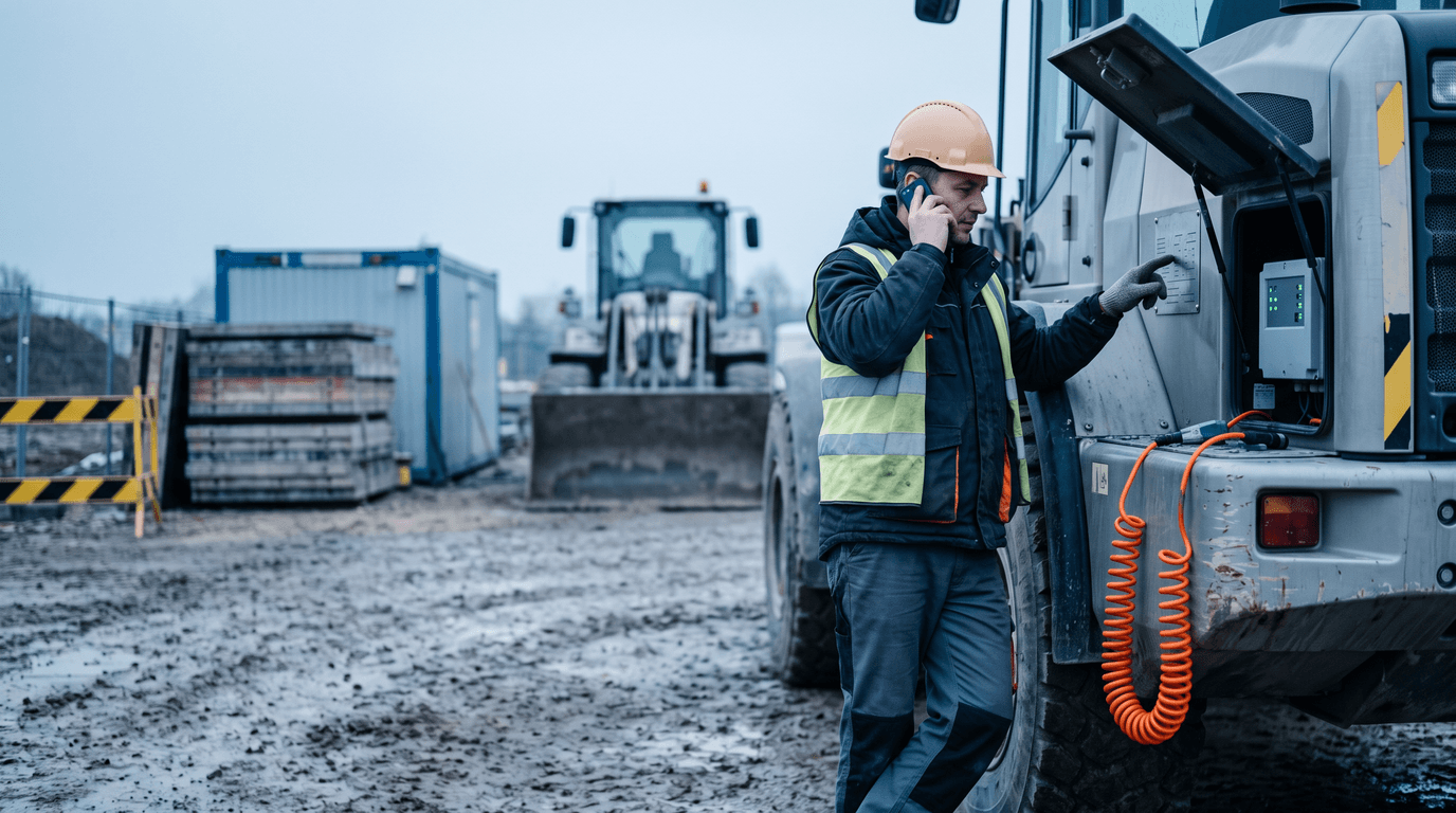 Ein Servicetechniker steht auf einer Baustelle neben einem Radlader, hält ein Telefon ans Ohr und liest mit der freien Hand die Seriennummer vom Typenschild an der Maschine ab