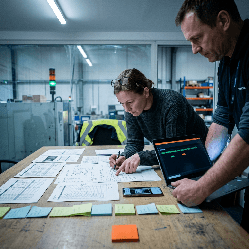 Zwei Entwickler rekonstruieren an einem Besprechungstisch anhand ausgedruckter Listen und Notizzetteln, welcher Softwarestand auf einer ausgelieferten Maschine läuft
