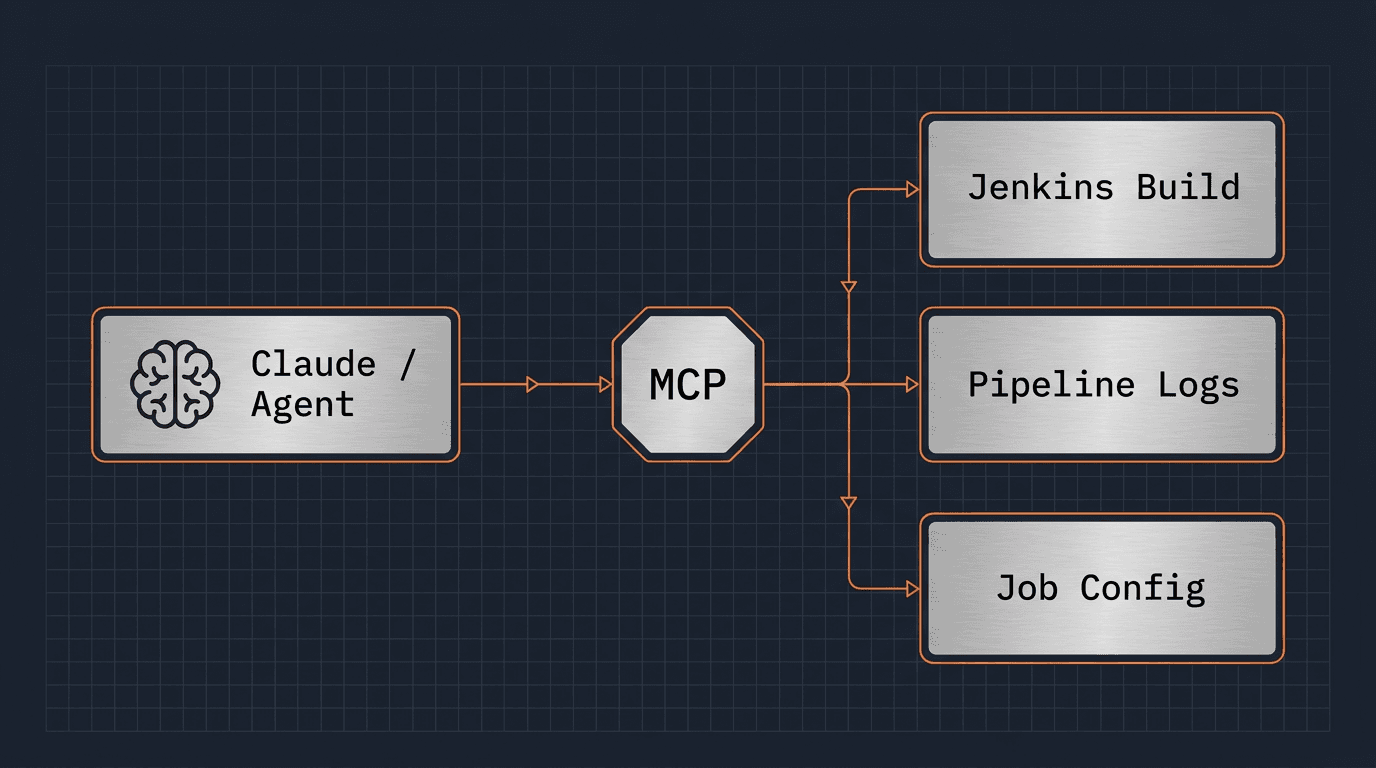 MCP-Flow-Diagramm: Claude-Agent verbindet sich über das Model Context Protocol (MCP) mit Jenkins Build, Pipeline Logs und Job Config