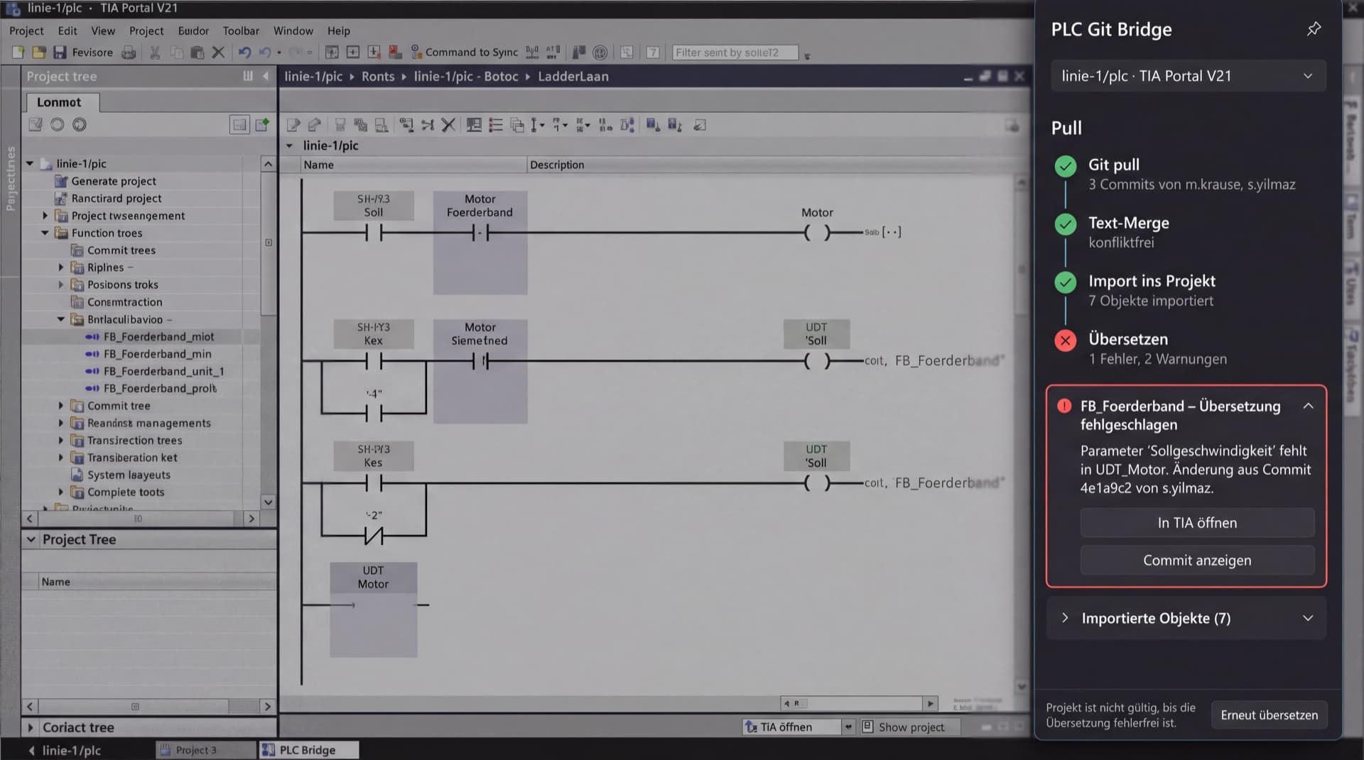 Bildschirmfoto aus dem Prototyp, Seitenleiste neben dem geöffneten TIA Portal V21 mit dem Projekt linie-1/plc: Pull in vier Schritten, Git pull mit drei Commits von m.krause und s.yilmaz, Text-Merge konfliktfrei, sieben Objekte ins Projekt importiert, Übersetzen mit einem Fehler und zwei Warnungen. Der Fehler in FB_Foerderband: Der Parameter Sollgeschwindigkeit fehlt in UDT_Motor, Änderung aus Commit 4e1a9c2 von s.yilmaz