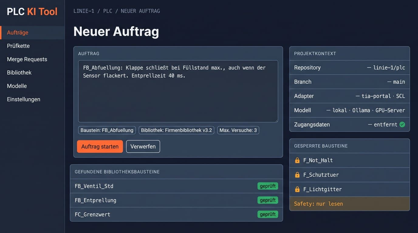 Oberflächen-Entwurf „Neuer Auftrag“: Auftragstext für FB_Abfuellung mit 40 ms Entprellzeit, darunter die gefundenen Bibliotheksbausteine, rechts der Projektkontext mit Repository, Adapter tia-portal, lokalem Modell und entfernten Zugangsdaten sowie drei gesperrte F-Bausteine