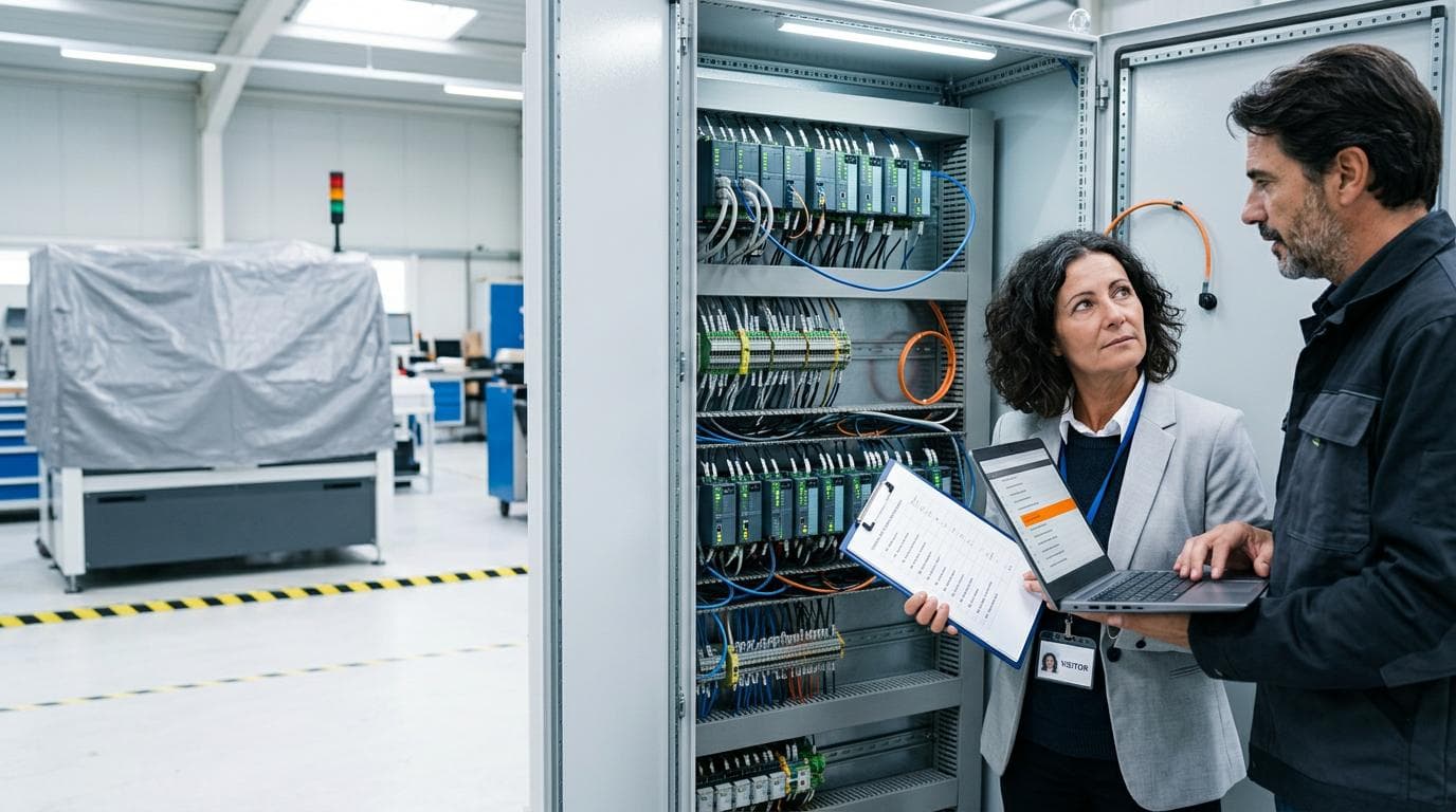 Eine Prüferin mit Klemmbrett und der Leiter der Steuerungstechnik mit Laptop stehen an einem offenen Schaltschrank in einer hellen Montagehalle