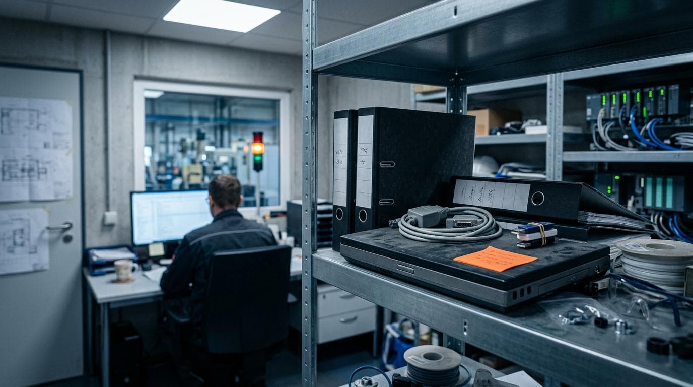 Alter Programmier-Laptop mit aufgerolltem Kabel und USB-Sticks in einem Regal der Instandhaltung, im Hintergrund sucht ein Techniker am Bildschirm in einer Dateiliste