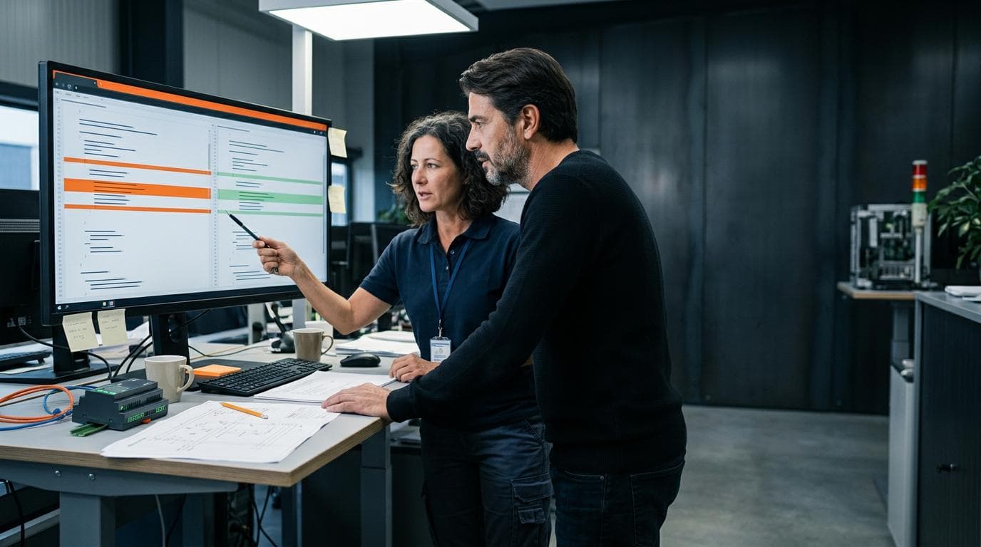 Eine Automatisierungstechnikerin und ein Softwareentwickler vergleichen an einem Monitor zwei Stände eines Steuerungsprogramms, geänderte Zeilen sind farbig markiert