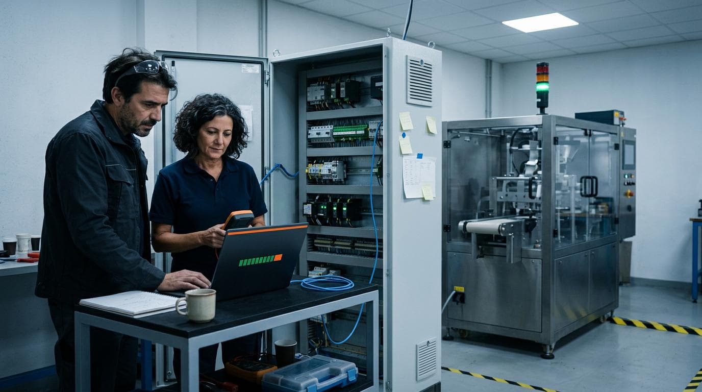 Ein Steuerungstechniker und eine Instandhalterin stehen an einem Servicewagen mit Laptop vor dem offenen Schaltschrank einer Verpackungsmaschine