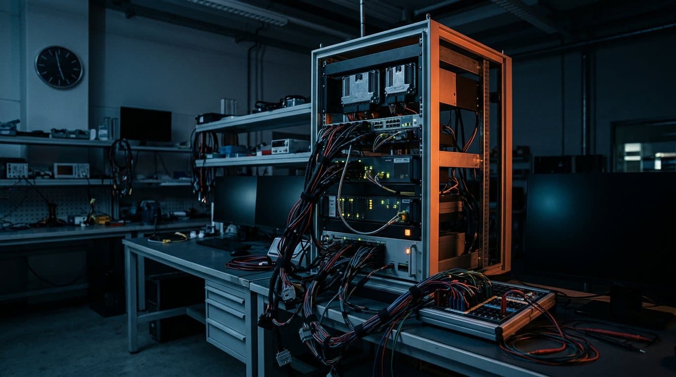 Hardware-in-the-Loop-Prüfstand bei Nacht: offenes Rack mit zwei Steuergeräten, Netzwerk- und Messmodulen mit grünen Status-LEDs, davor ein dicker Kabelbaum und eine Breakout-Box auf der Werkbank, im Hintergrund das dunkle Testlabor