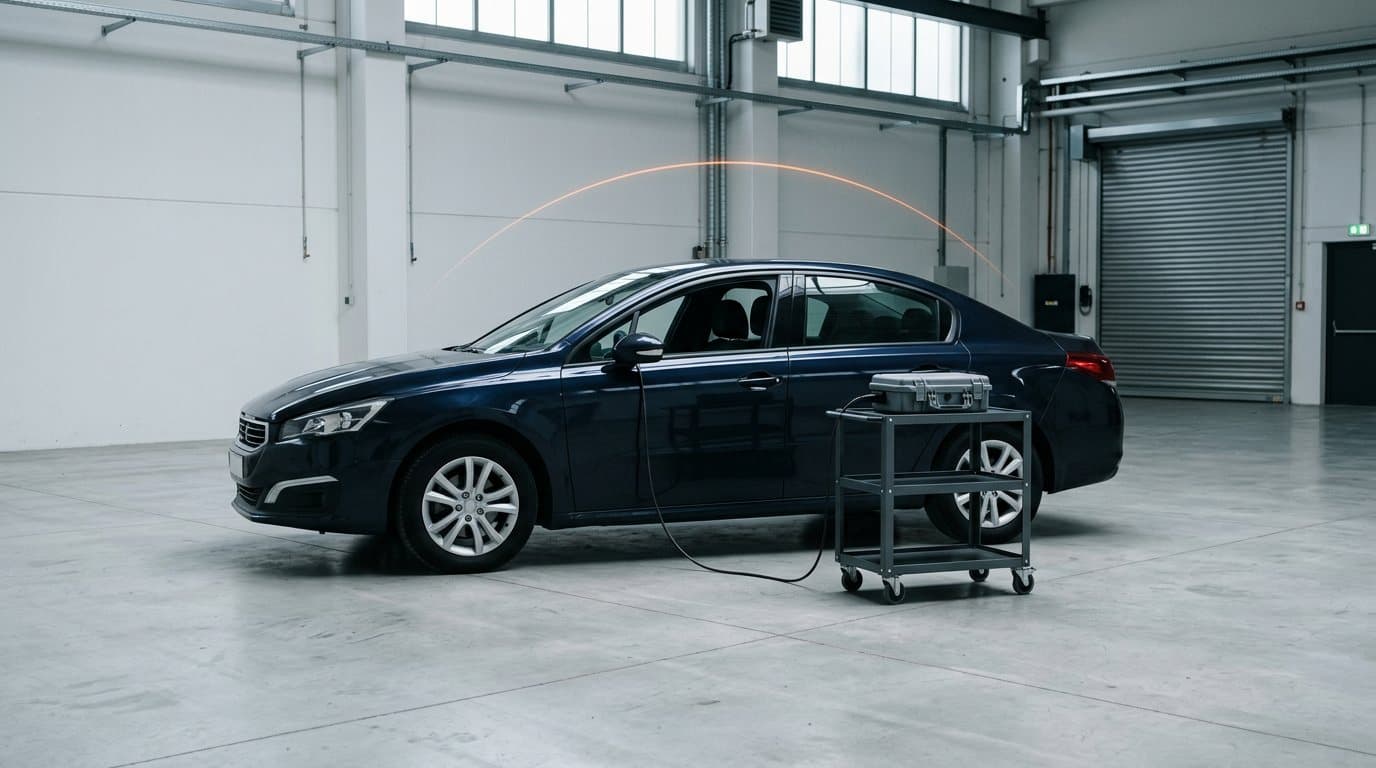 Dunkelblaue Limousine in einer hellen Validierungshalle, ein Diagnosekabel führt vom Fahrzeug zu einem grauen Koffer auf einem Rollwagen, ein dünner orangefarbener Lichtbogen über dem Dach deutet ein Over-the-Air-Update an