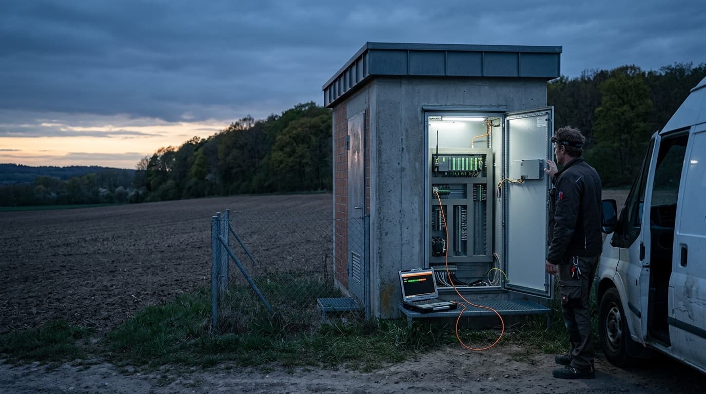 In der Dämmerung steht ein Techniker mit Stirnlampe am geöffneten Schaltschrank einer kleinen Außenstation am Feldrand, auf der Trittstufe liegt ein Laptop, daneben parkt sein Servicewagen