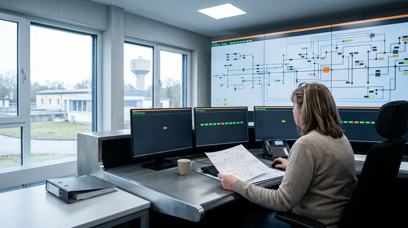 Die Leitzentrale eines Versorgers am Tag: Eine Operatorin sitzt mit einem ausgedruckten Netzplan am Pult vor einer Wand mit schematischem Netzbild, durch die Fenster sind ein Wasserturm und ein Betriebsgebäude zu sehen